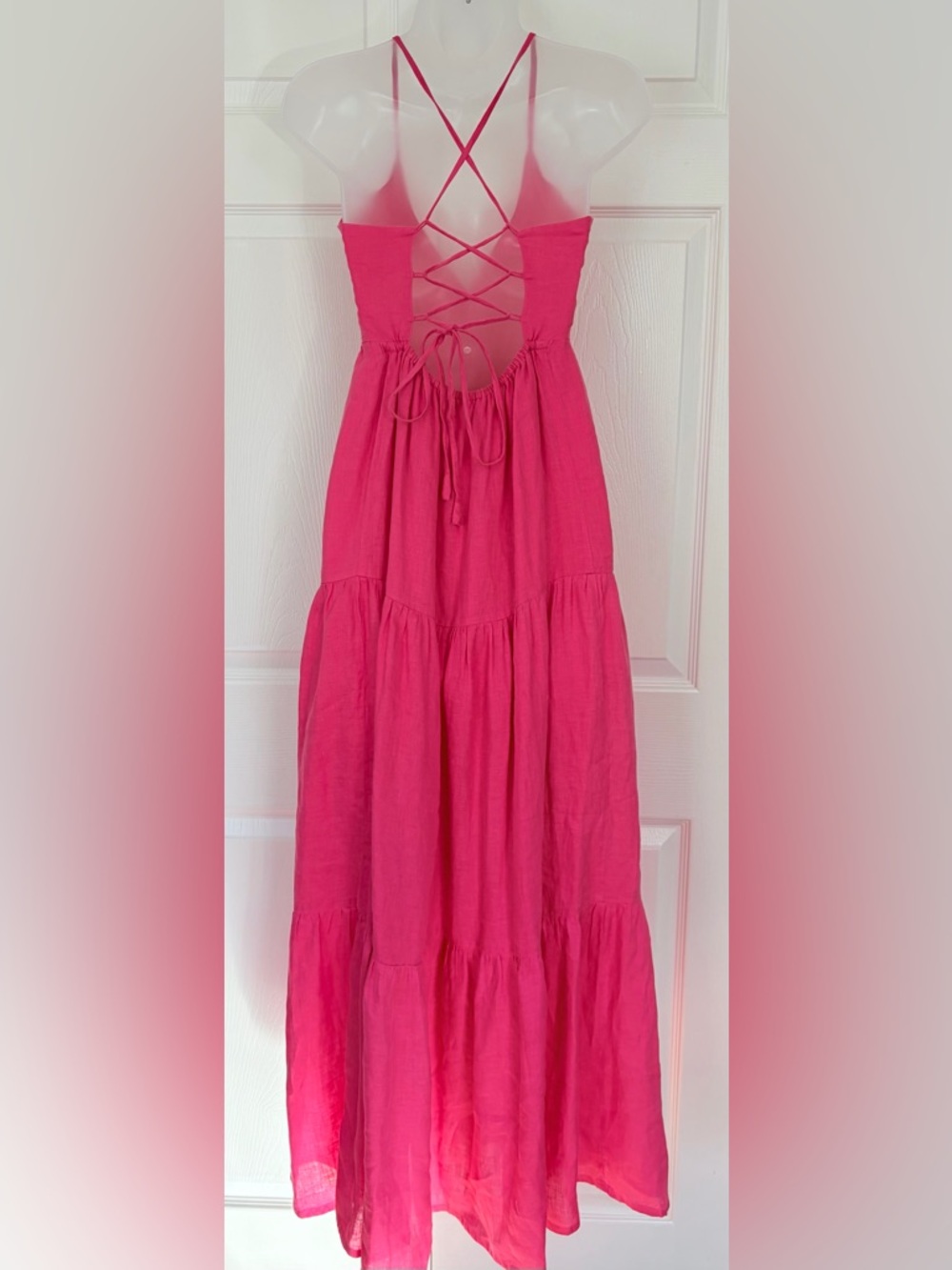 Lusana Dress Maya Linen Maxi Dress Hot Pink  Tiered New Size Small